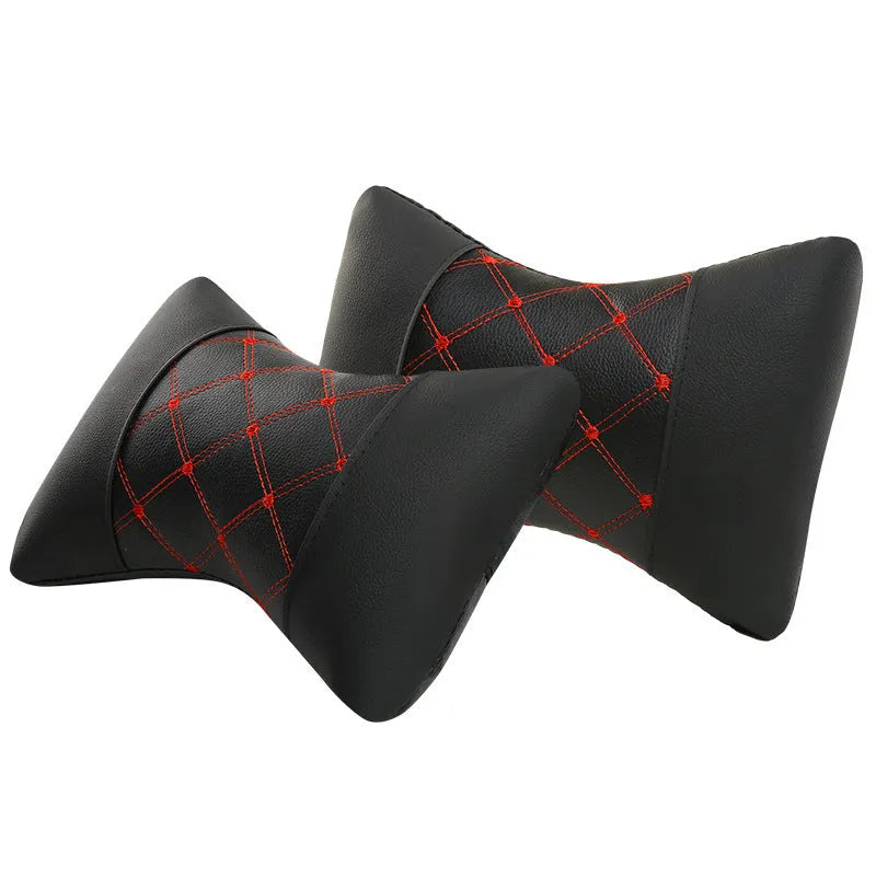 Black quilted diamond pattern car headrest neck pillow with contrasting piping options.