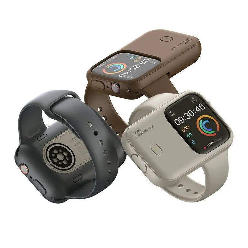 Portable wireless power bank charging case for Apple Watch in silicone case, shown next to watch.