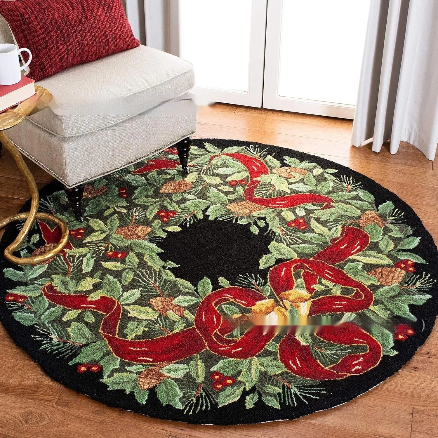 Christmas printed polyester carpet with festive design in square shape on wooden floor