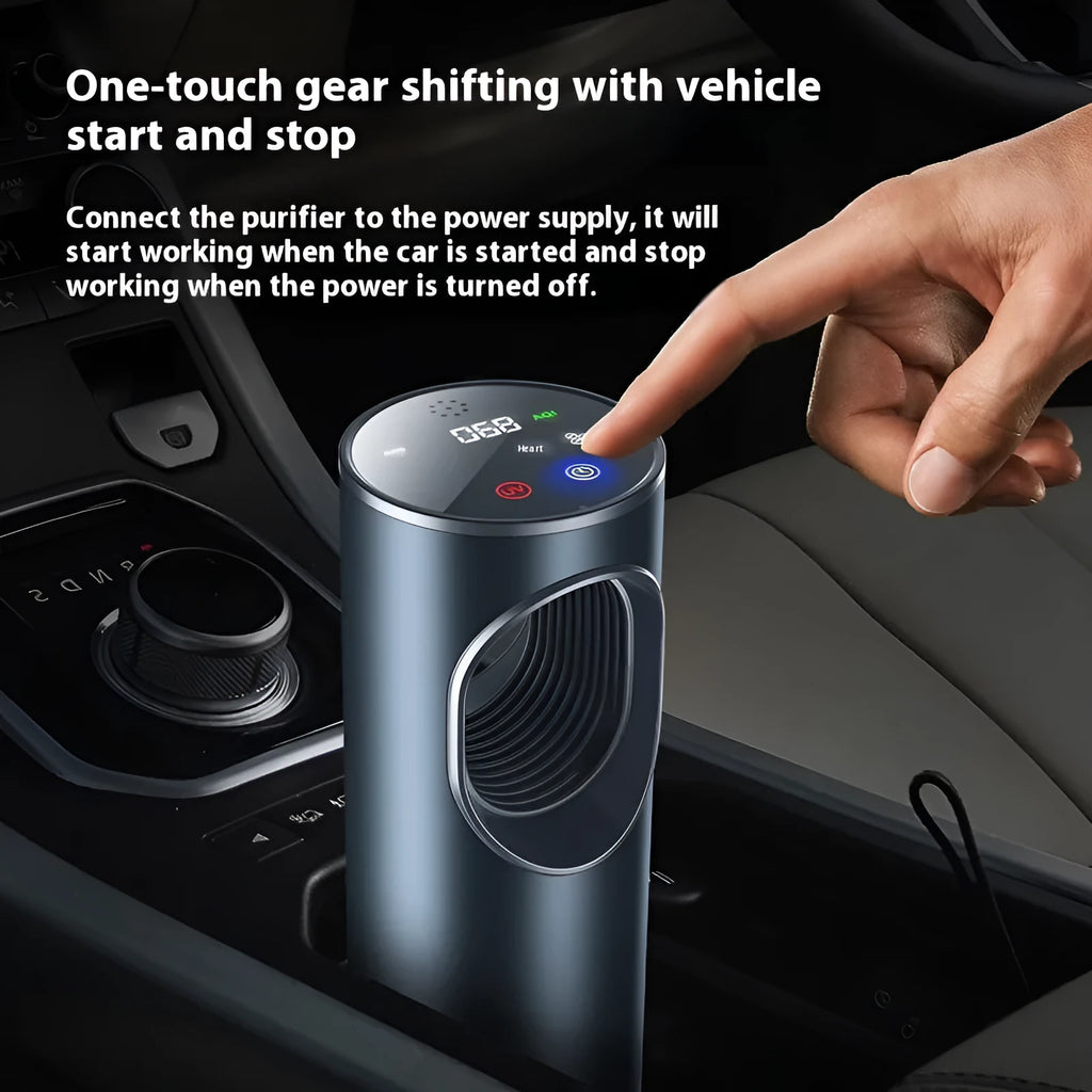 Black USB car air purifier with negative ion technology measuring 187mm tall