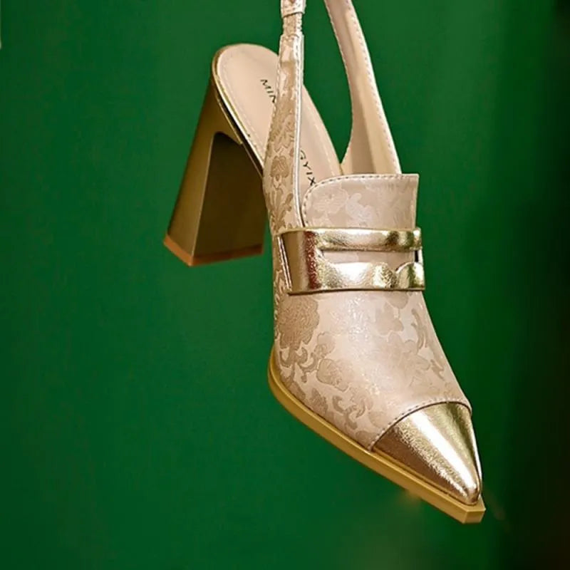 Korean style women's high heel sandals with chunky block heel, pointed toe, and elastic ankle strap in microfiber.