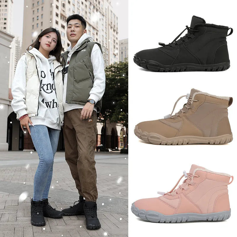 Waterproof unisex snow boots in black, khaki, or pink with round toe and front lace-up.