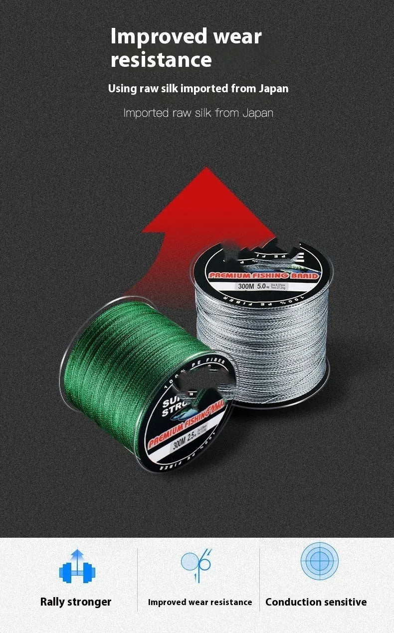 Spool of colour-coded PE fishing line showing multiple colour sections with strength and colour options