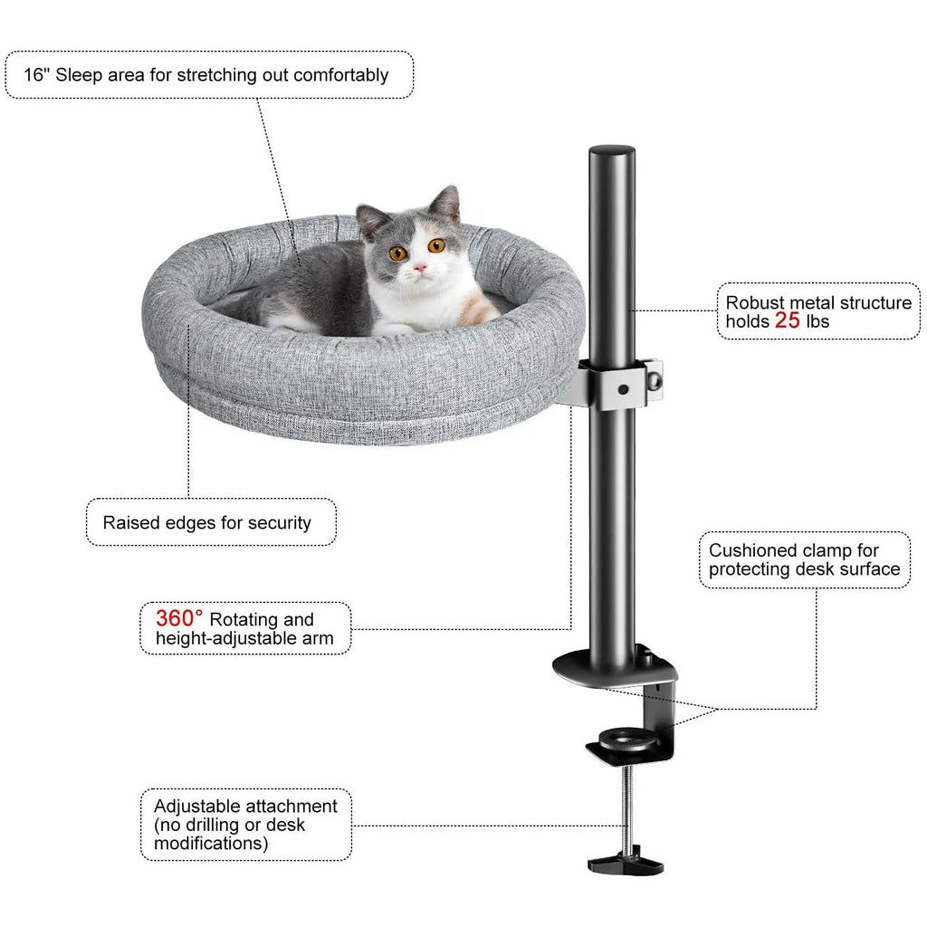 Round grey cloth cat nest with rotating base and adjustable height on a floor