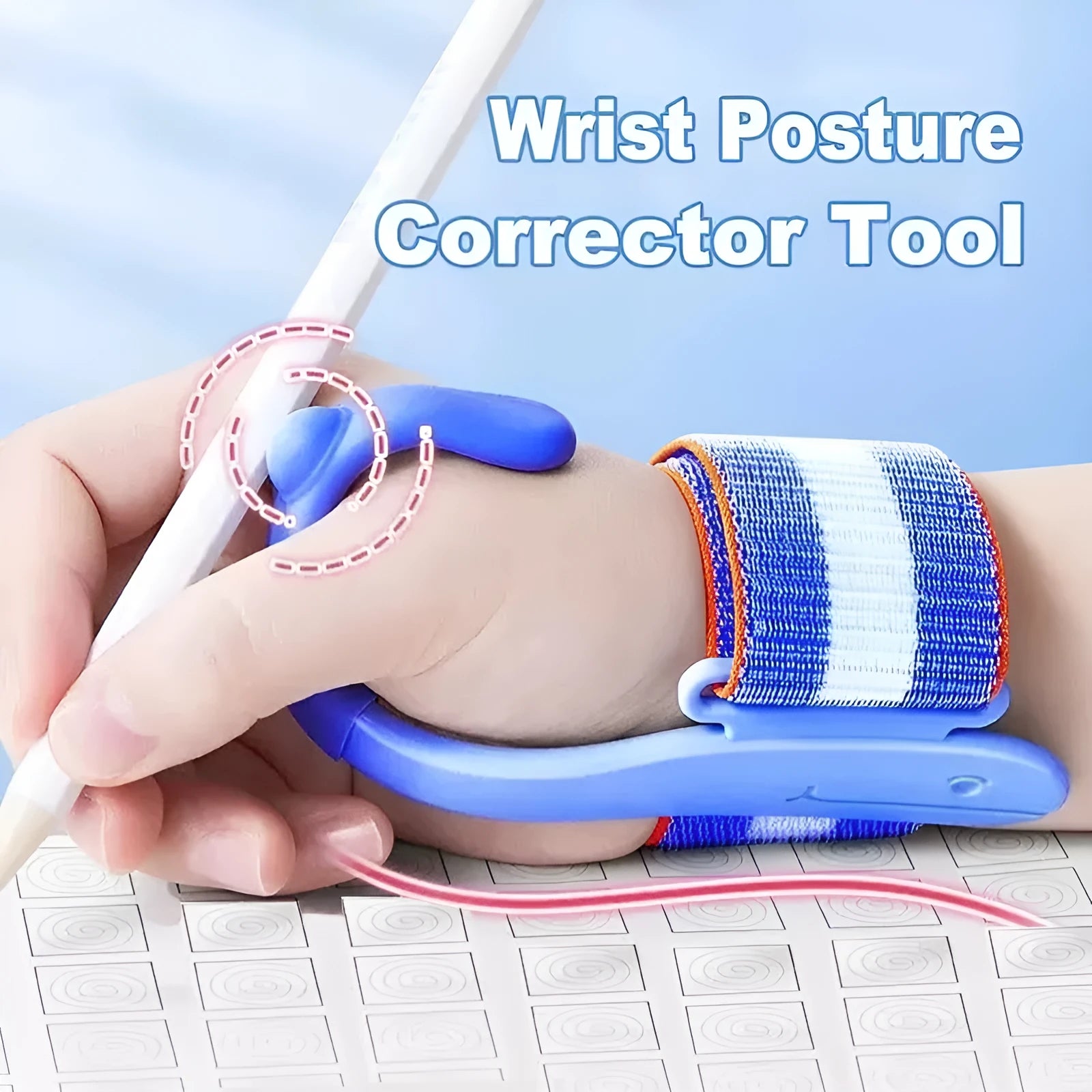 Blue anti-hook pen control corrector wrist brace on a child's hand holding a pencil.