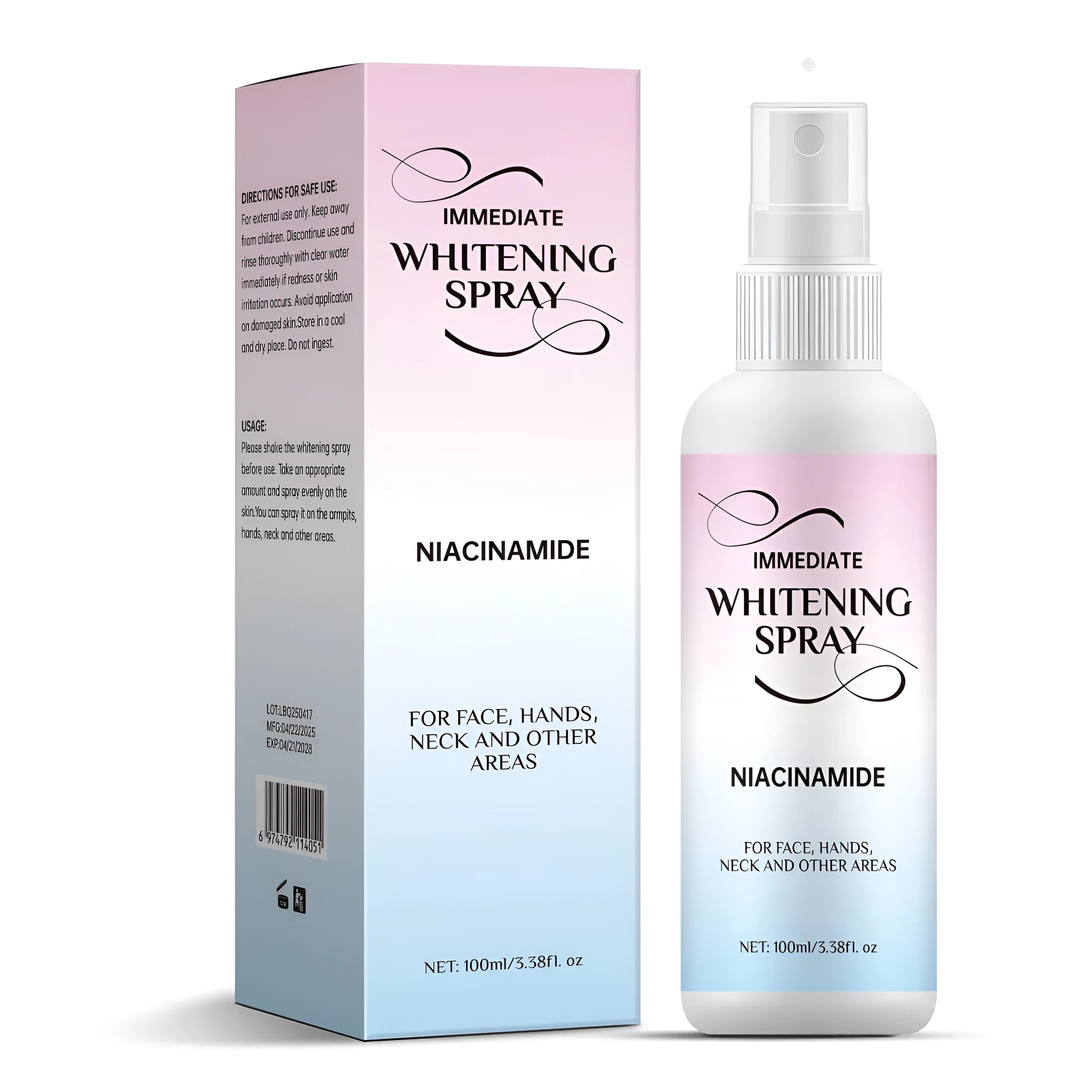 100ml whitening spray bottle with brightening and sweat-proof properties for skin tone.