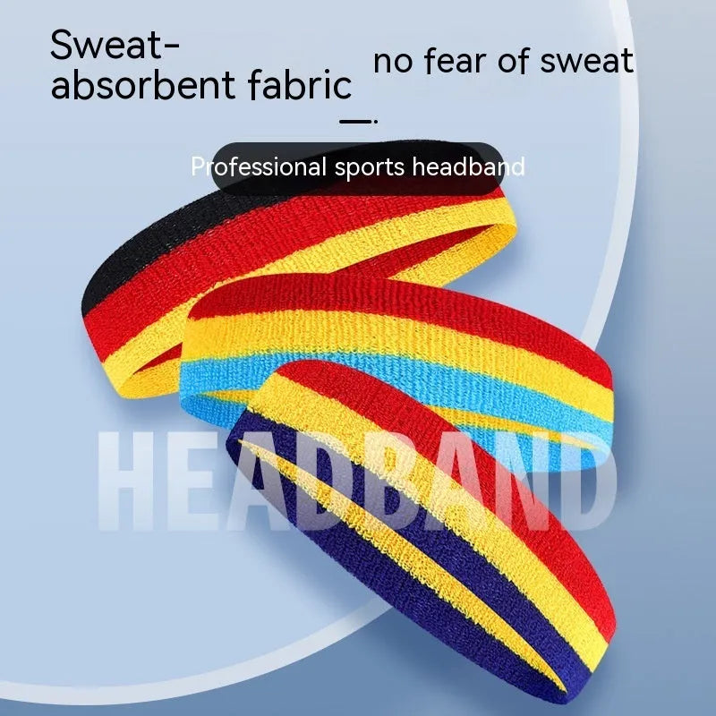Multicolour sports headband for adults, shown in Red Yellow Blue, dimensions 5.5cm by 20cm.