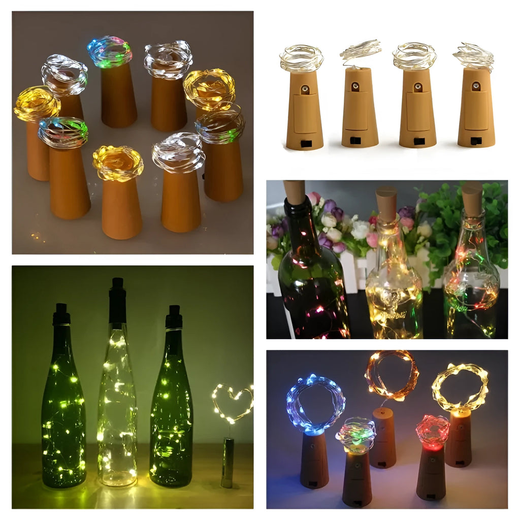 Flexible copper wire LED string lights with 20 warm white bulbs and plastic bottle stopper for wine bottle decoration