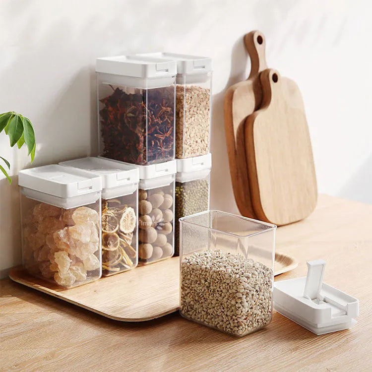 White transparent plastic grain storage container with 400ml capacity and Japanese design.