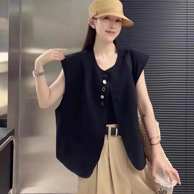Women's loose fit polyester vest in milky white with pockets, shown on a hanger.