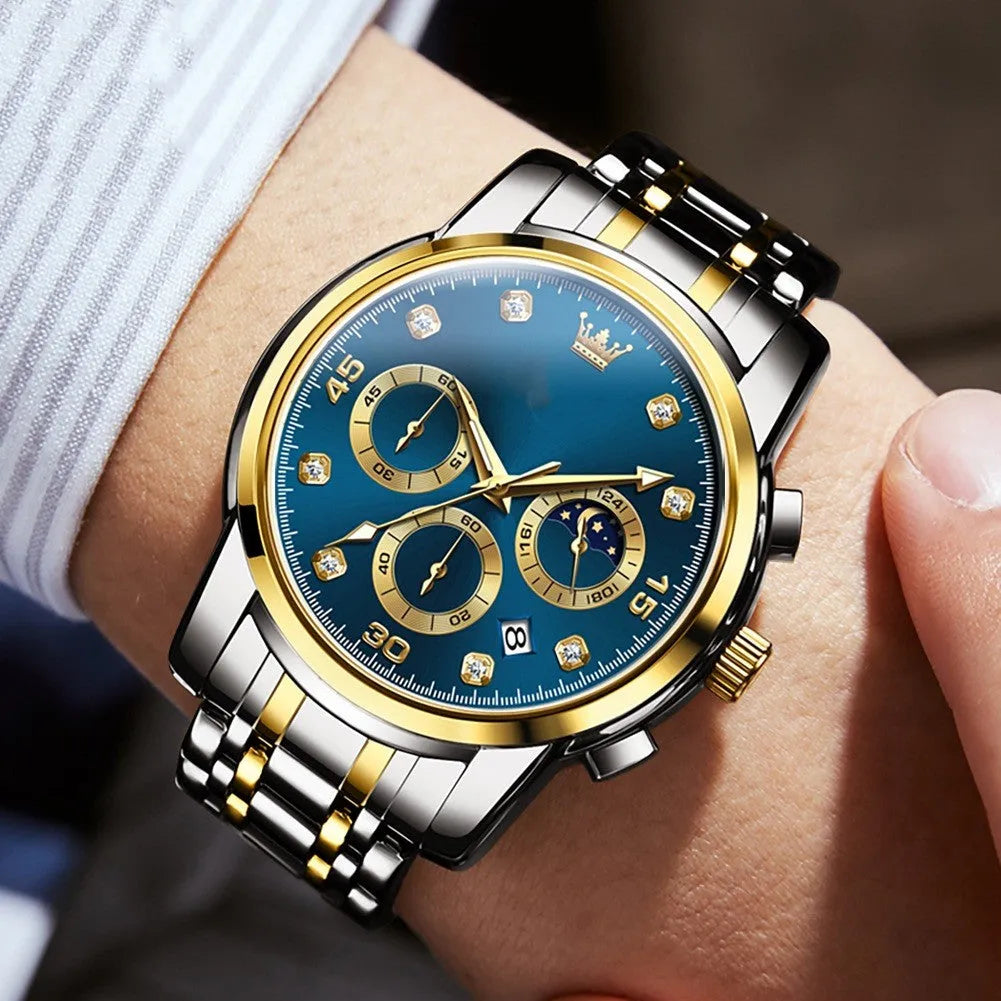 Men's quartz watch with circular alloy case, 42mm dial, glow and calendar features, on black interband strap