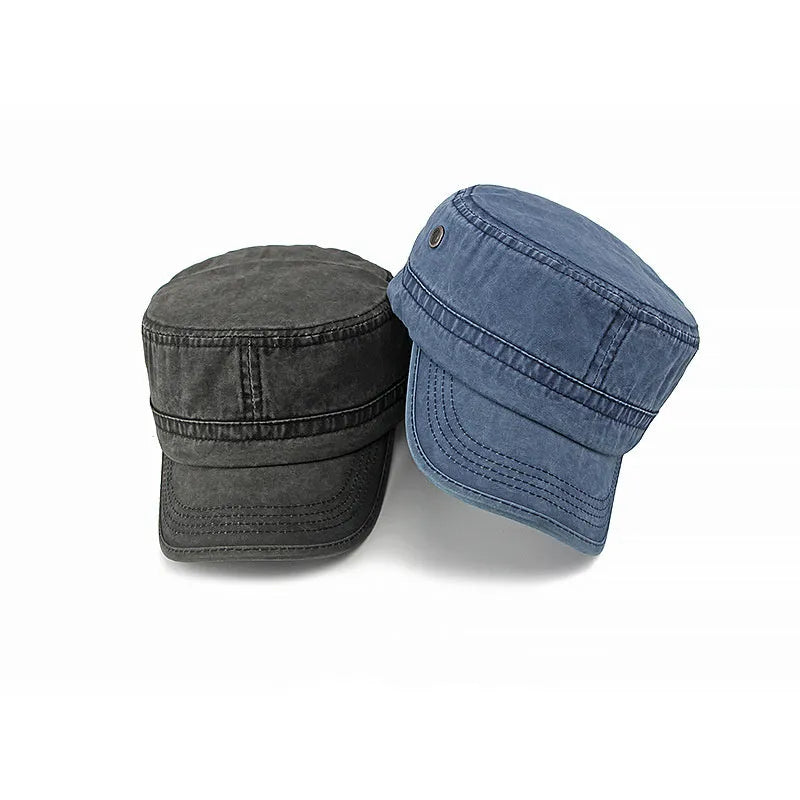 Military flat top cap in cotton fabric with adjustable sizing strap