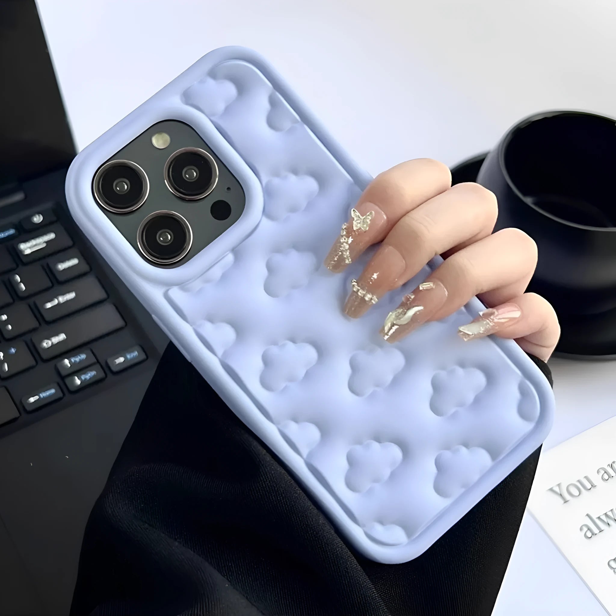 Hand oil three-dimensional embossed TPU phone case with cloud and flower design for iPhone 11 to 15 series