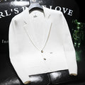 White men's slim-fit casual blazer jacket with V-neck collar on hanger