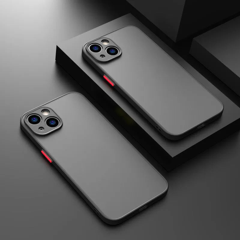 Frosted hard plastic iPhone case with TPU bumper in dark night green, showing full lens cutouts.