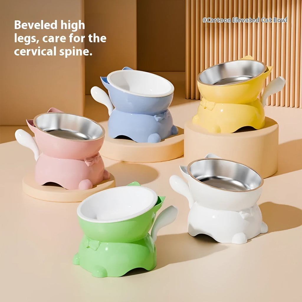 Stainless steel cat bowl with a 15-degree tilt, shown in blue, on a wooden floor.