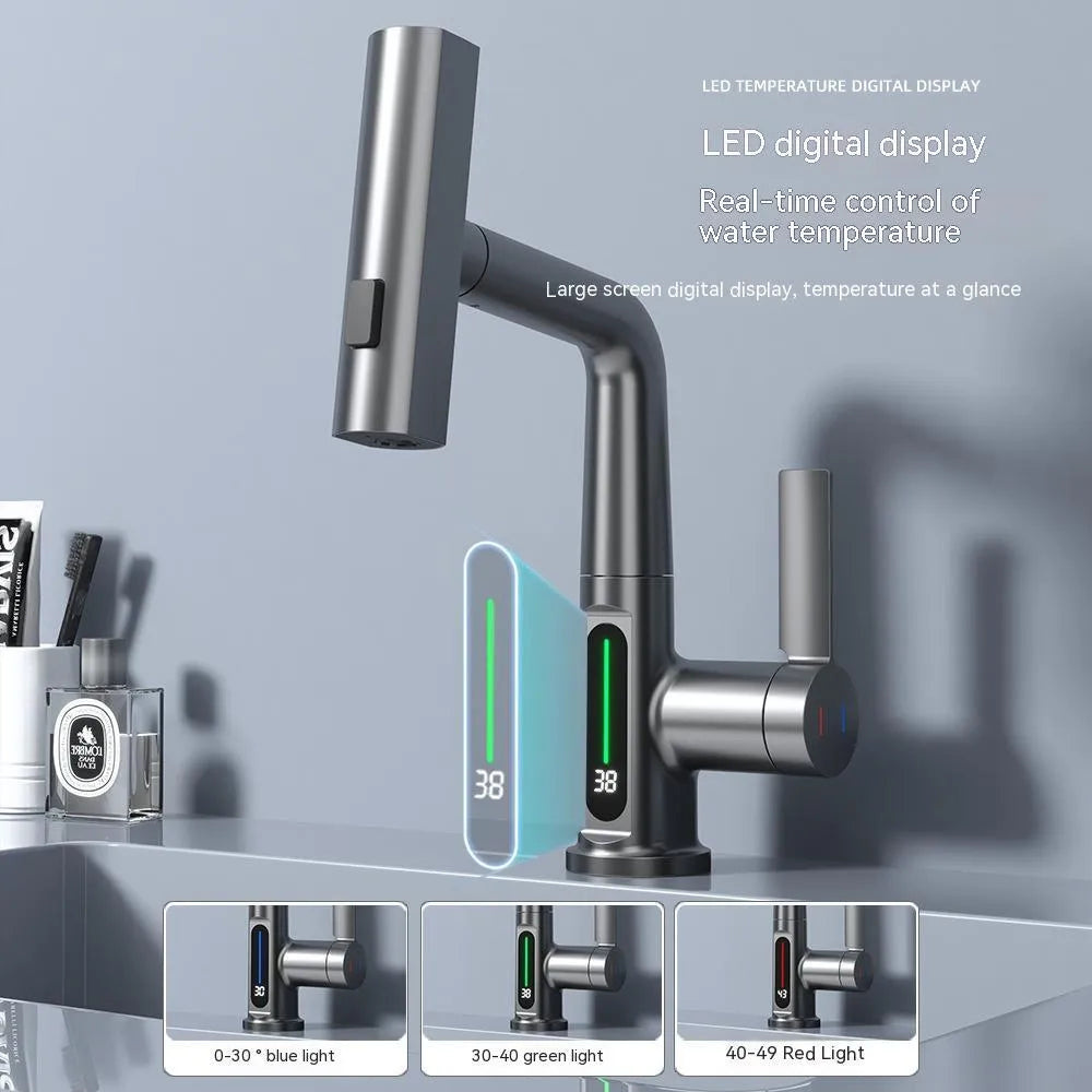 Digital display pull-out kitchen faucet with LED temperature readout and rotating waterfall spout