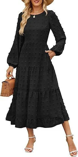 A beige high-waisted long sleeve dress with ruffled sleeves on a hanger.
