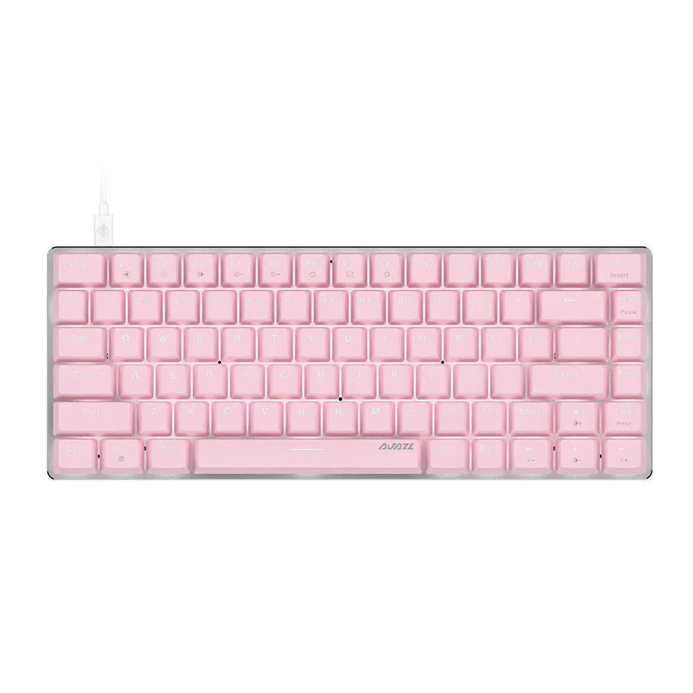 Pink 82-key mechanical keyboard with white backlighting and metal construction for laptop use