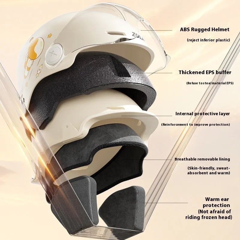 Khaki coloured open-face motorcycle half helmet with a mirrored sun protection lens on a handlebar.