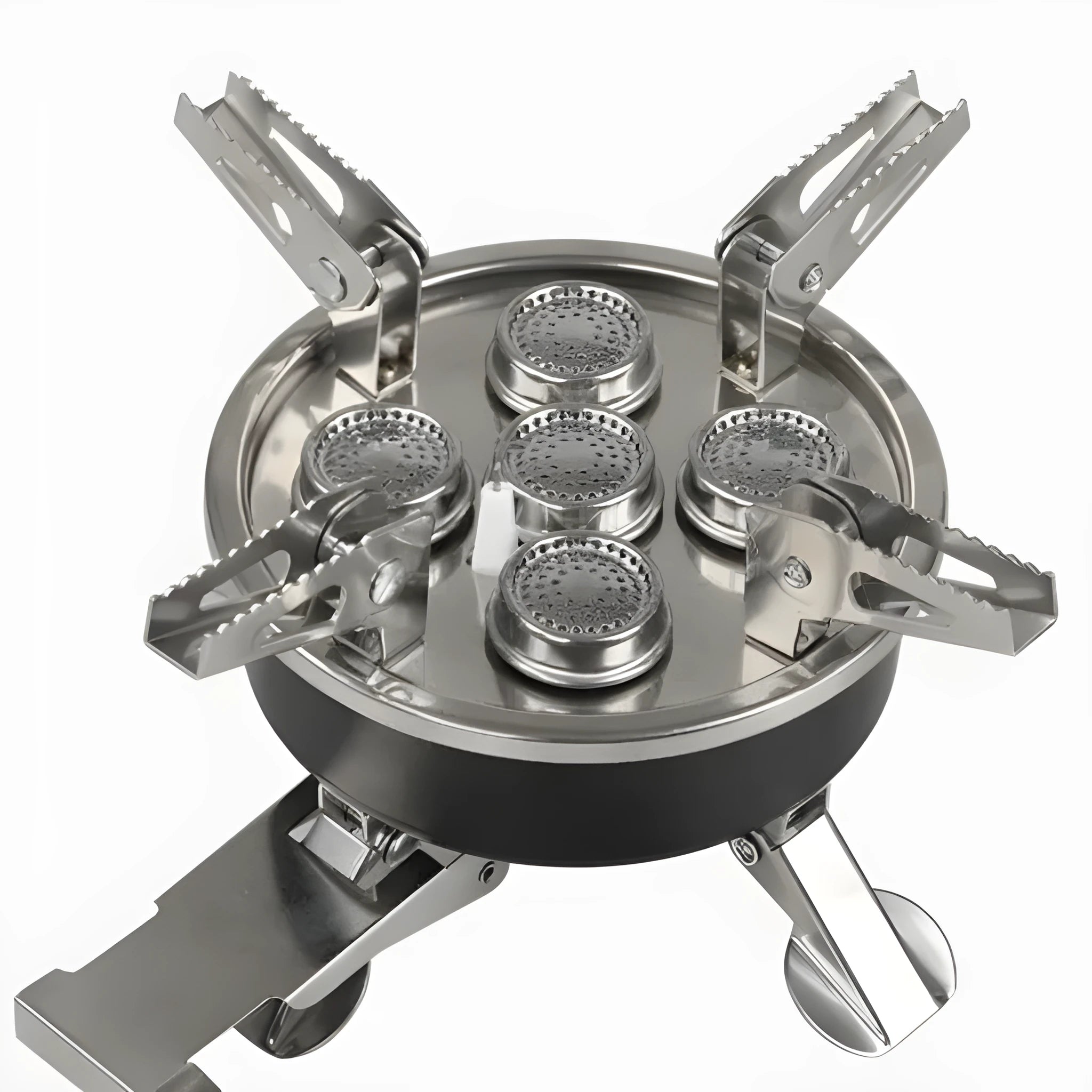 Silver stainless steel split camping stove with folded legs and a coiled 100cm fuel hose, shown next to a ruler showing 155mm length.