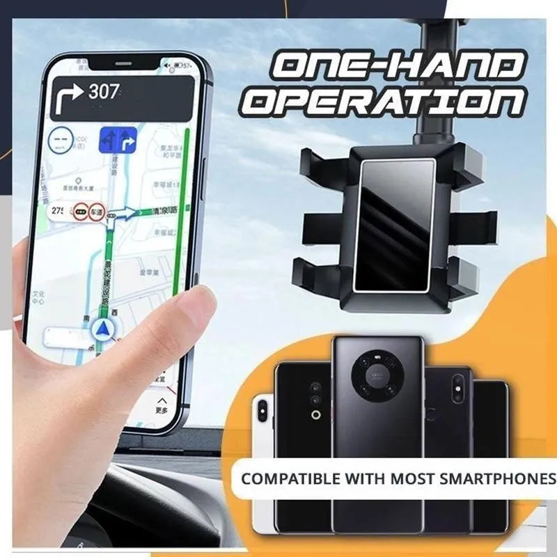 Black rearview mirror car phone holder showing 360° rotation and telescopic arm extended.
