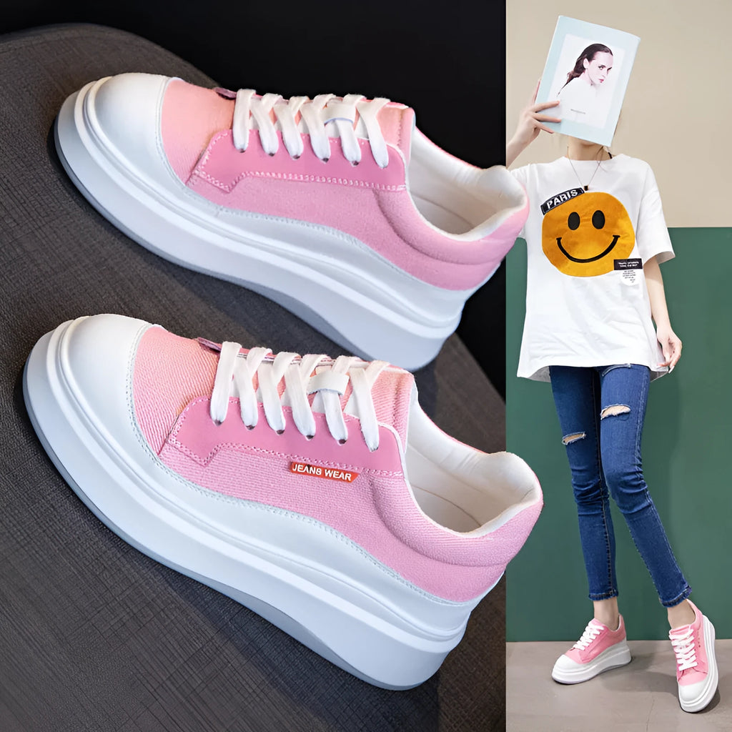 Women's beige and pink cowhide leather board shoes with thick soles for height increase