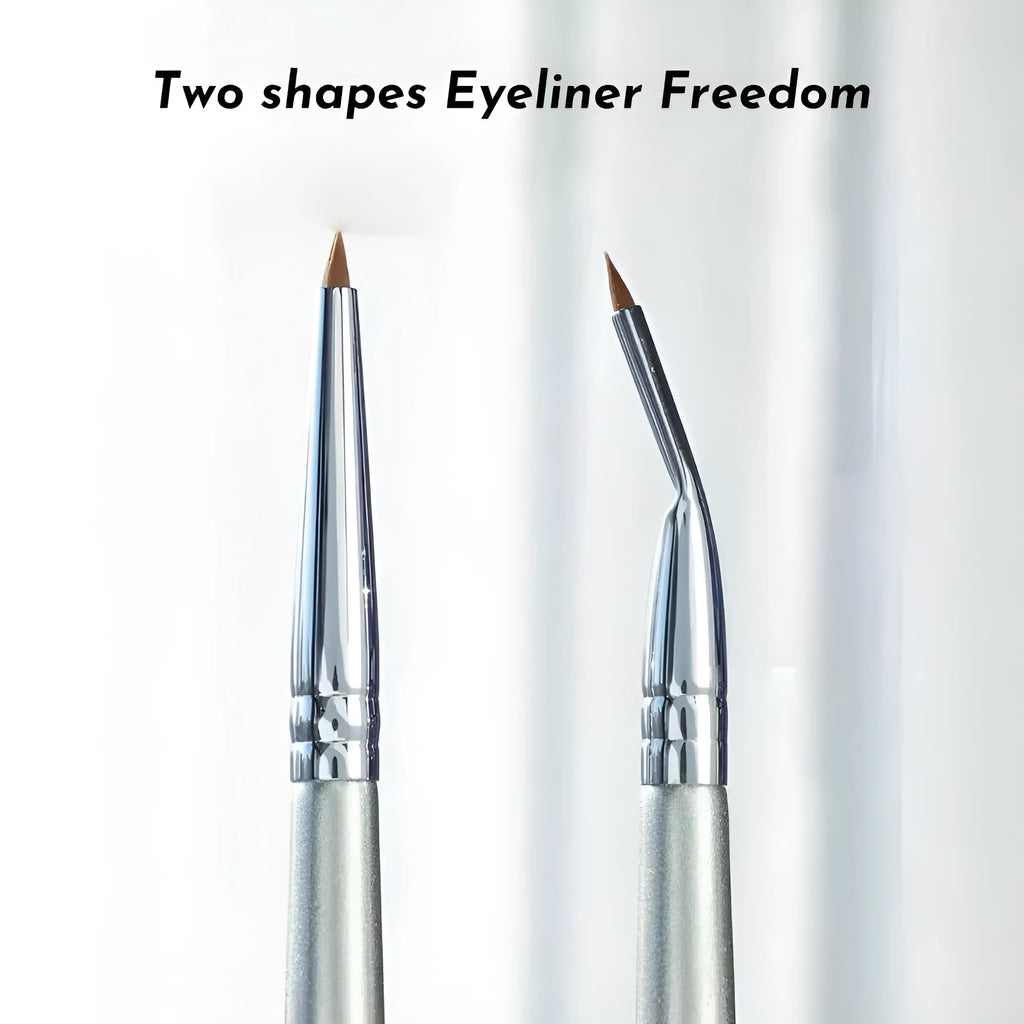 Angled bend head eyeliner brush with fine synthetic bristles and wooden handle for detail makeup.