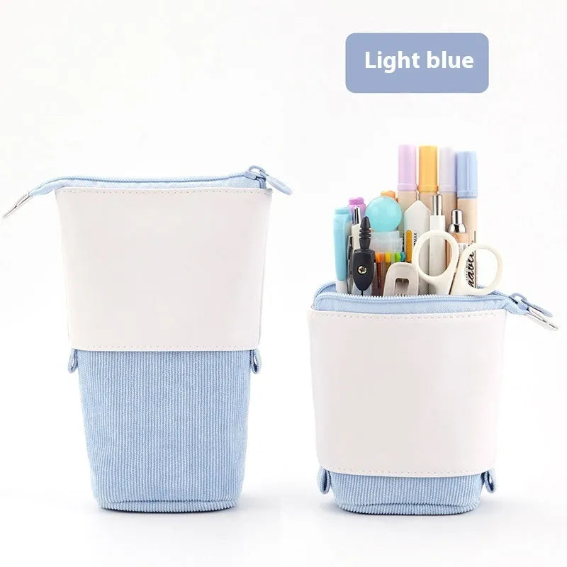 Telescopic drop-down stationery case in cotton and linen with purple PU corduroy exterior