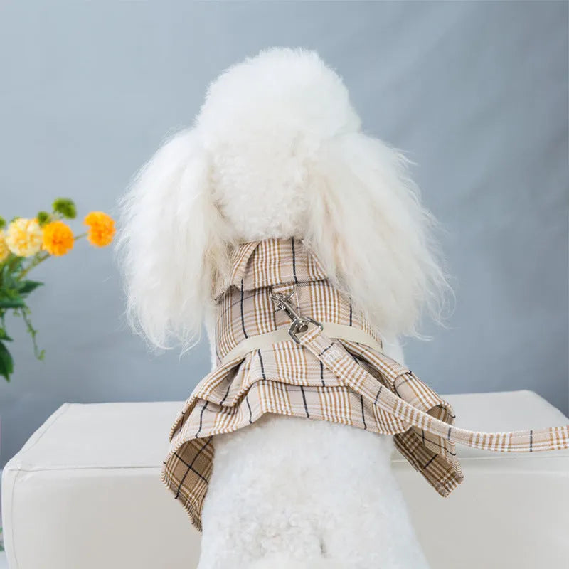 Dog chest harness vest with rope lead in milky white or purple skirt style