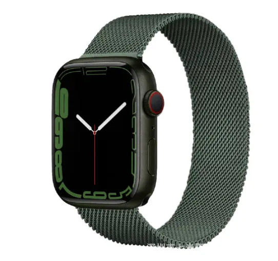 Stainless steel watch strap in silver, shown next to black, gold, and rose gold colour options.