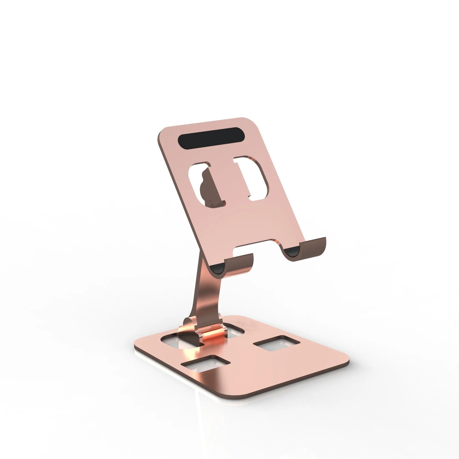 Aluminium alloy rotating mobile phone bracket in silver on a desk, showing three-axis joint and metal texture finish