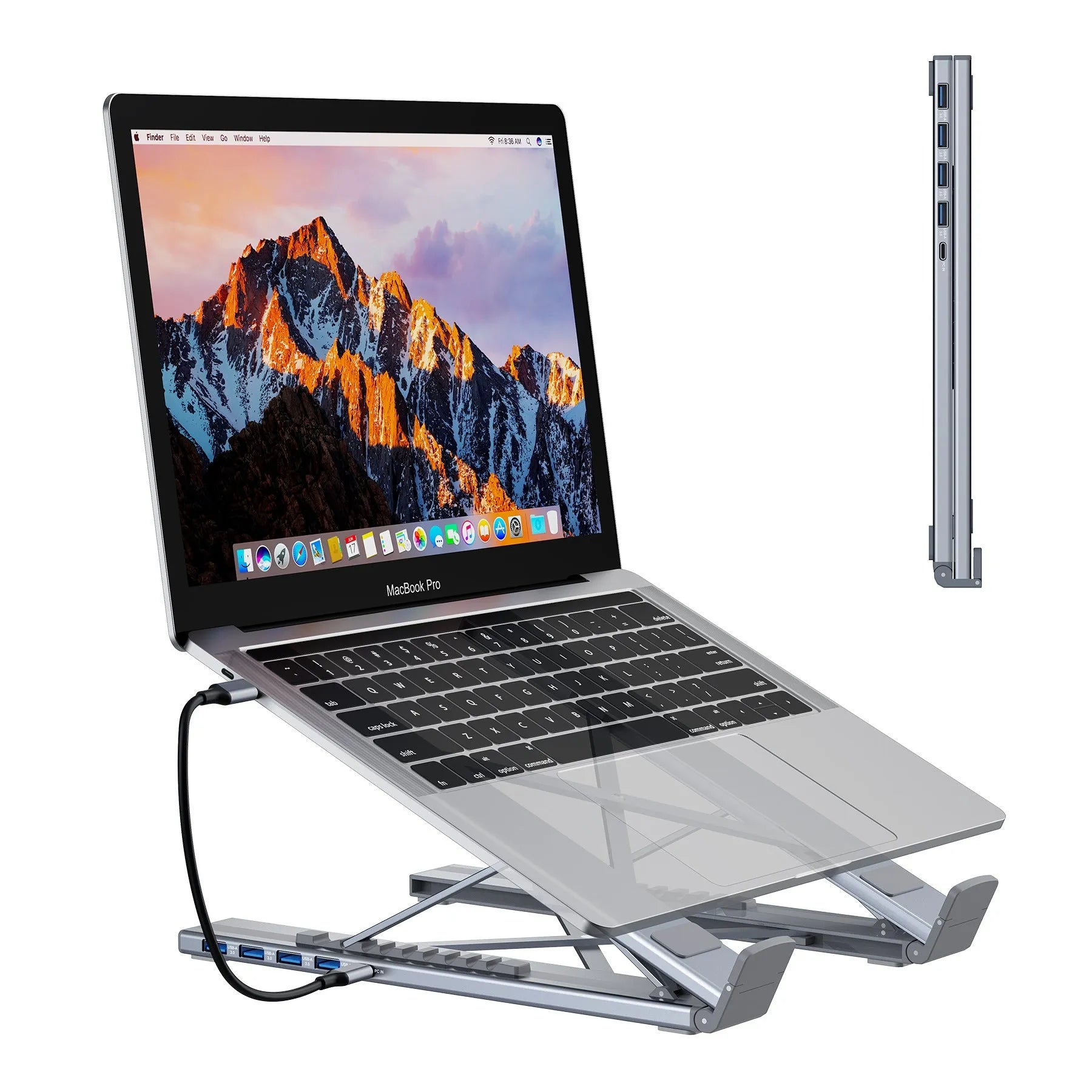 Silver aluminium foldable laptop stand with integrated multi-port docking station and a short connection cable.