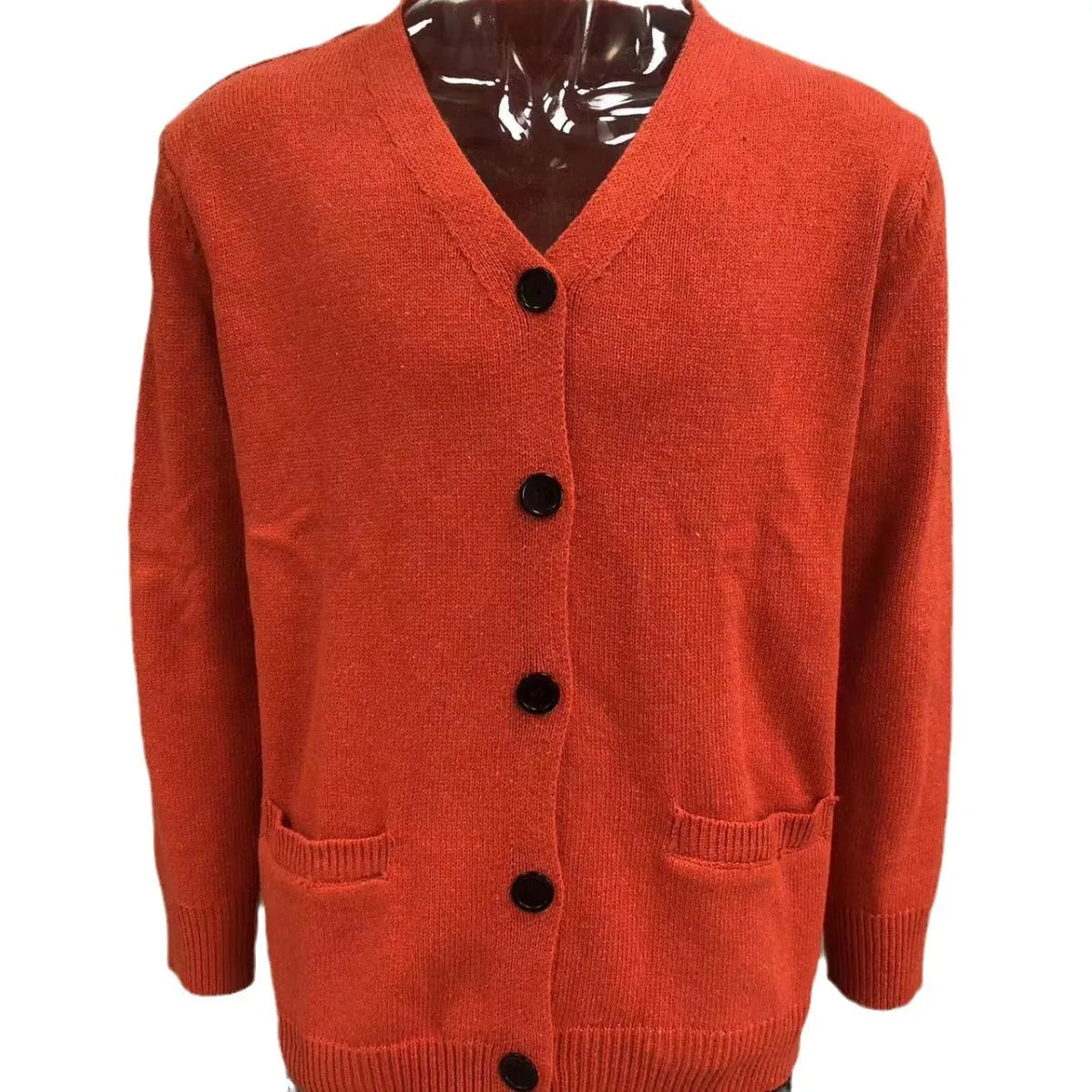 Men's double-sided pocket acrylic slim fit V-neck cardigan in black, front view