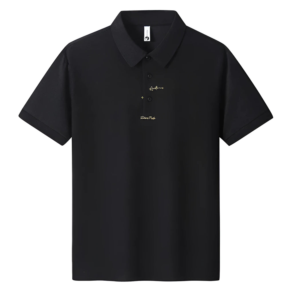 Men's loose grey cotton T-shirt with a letter print on the front, showing short sleeves and a round neck.