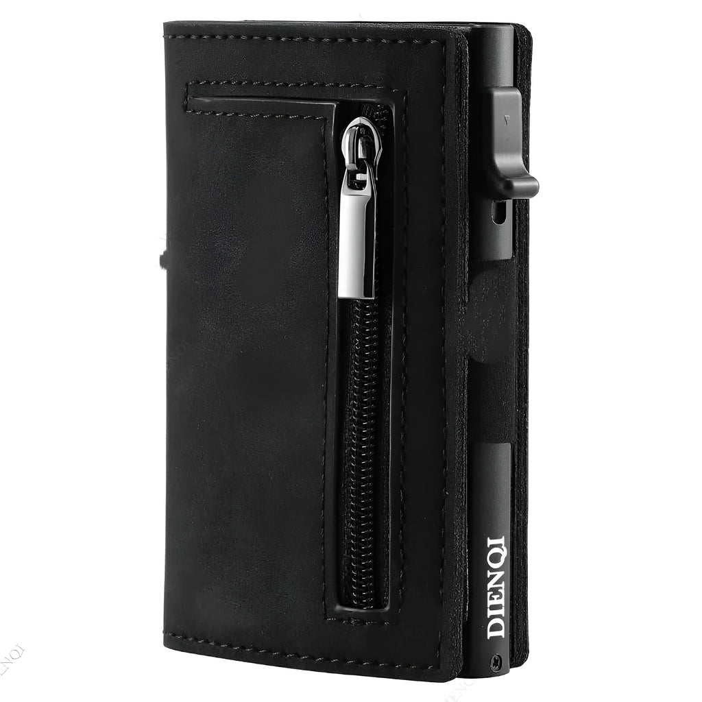 Genuine leather men's wallet with carbon fiber pattern, black finish, anti-theft card protection