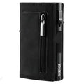 Genuine leather men's wallet with carbon fiber pattern, black finish, anti-theft card protection