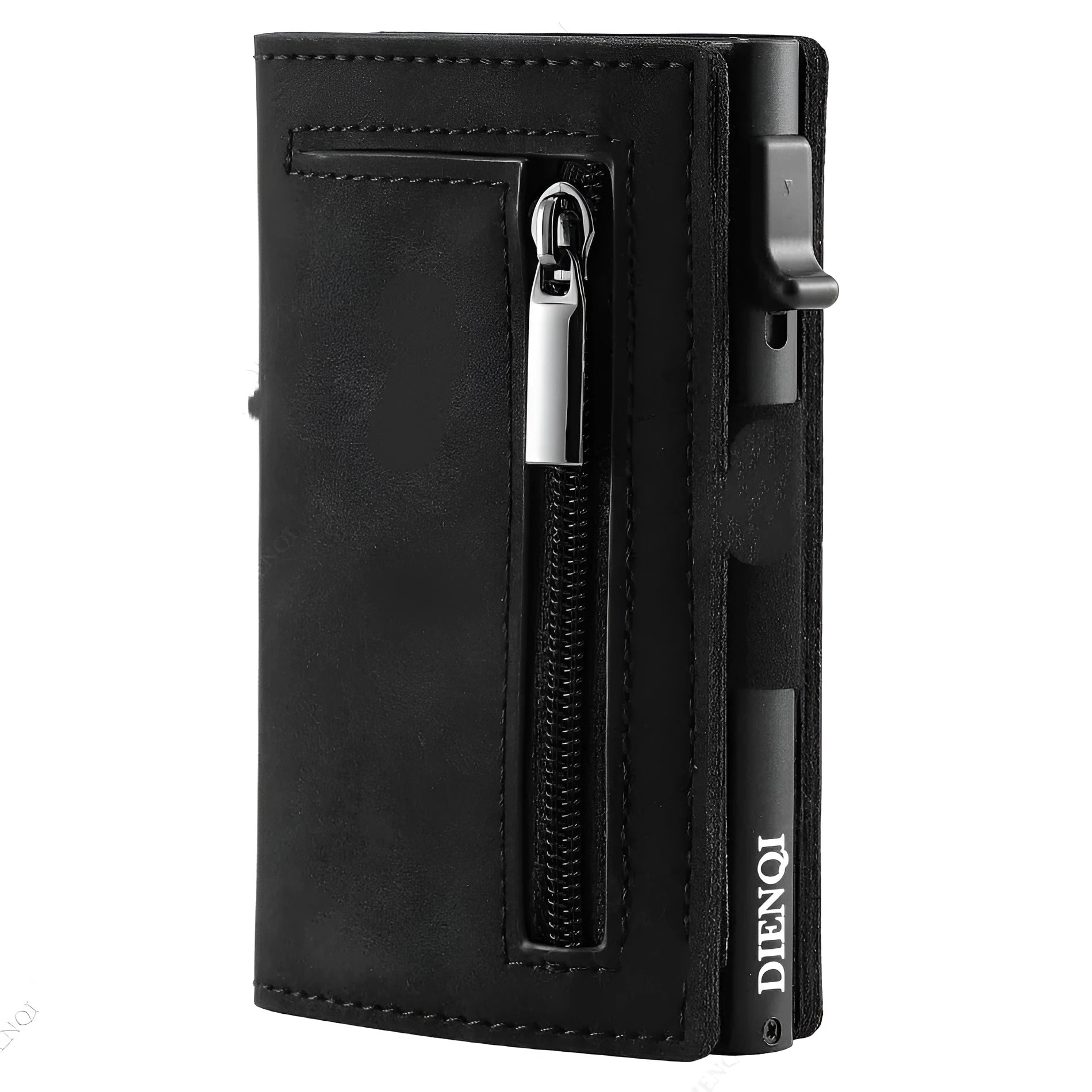 Genuine leather men's wallet with carbon fiber pattern, black finish, anti-theft card protection