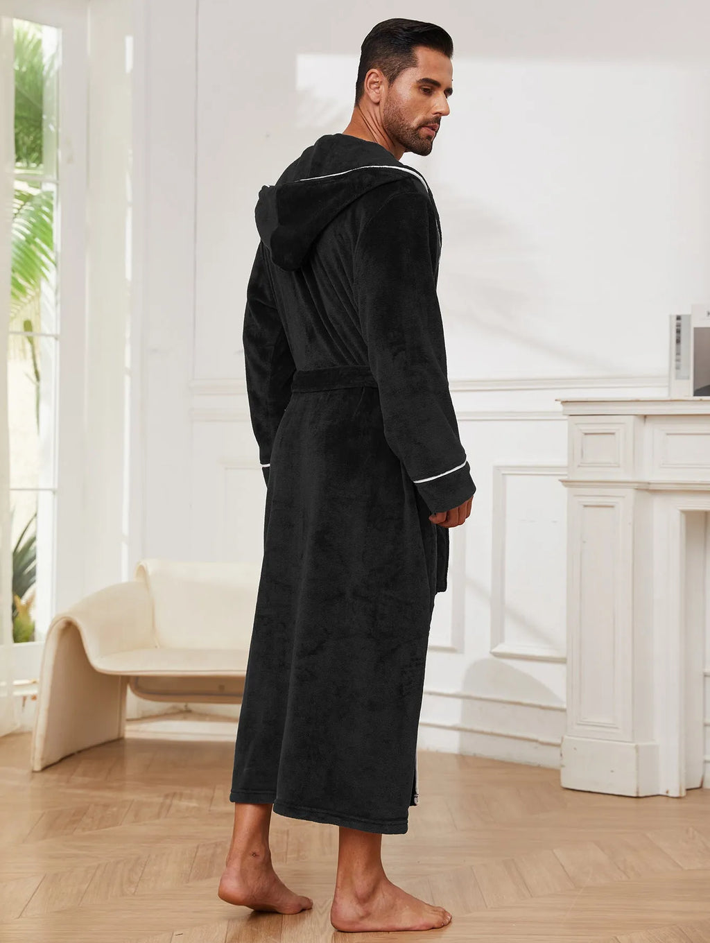 Men's flannel bathrobe pyjamas in light grey, dark blue, black colours with European American style sizing
