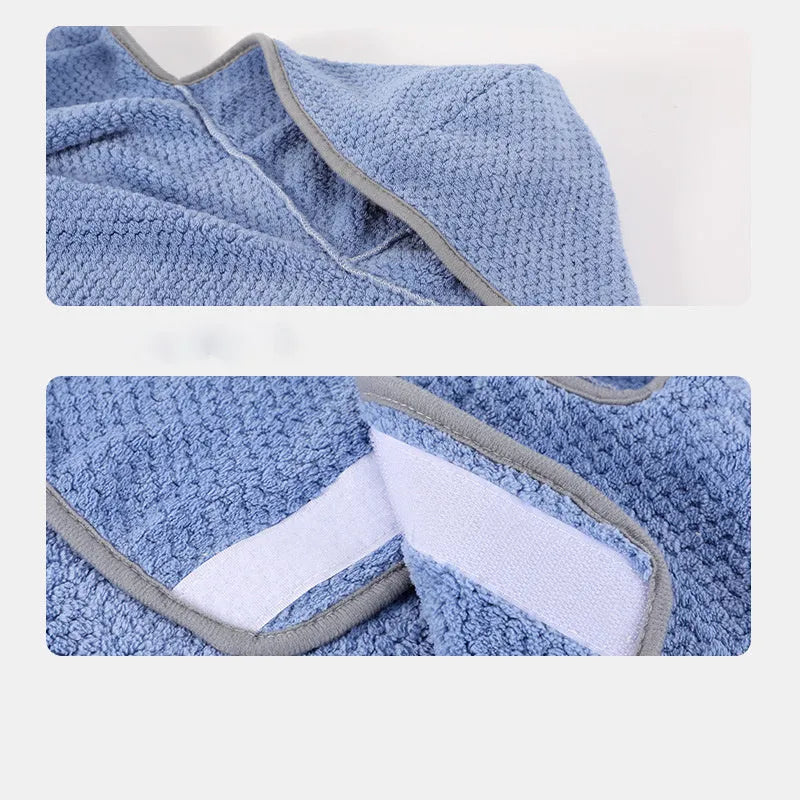 Blue microfiber dog bath robe towel wrapped around dog with adjustable waistband visible