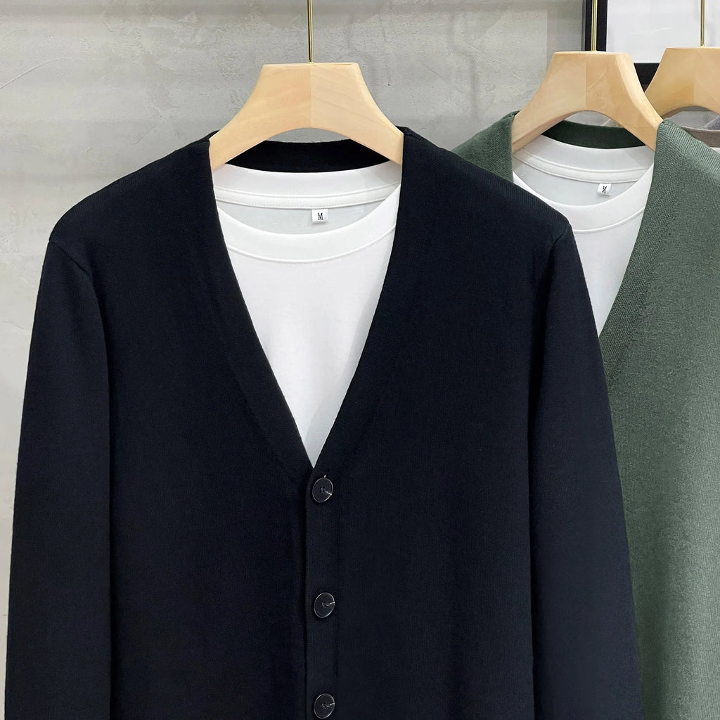 Men's cotton knitted cardigan sweater coat in black, V-neck, long sleeves, loose fit, winter casual wear.