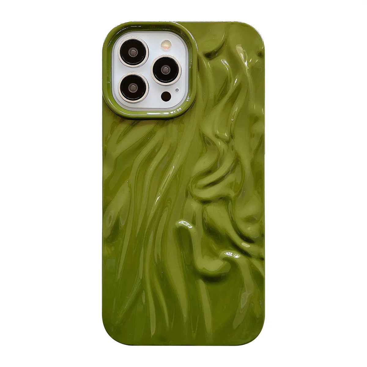Solid colour water ripple texture silicone phone case for iPhone, shown in milky white, pink, and purple colour options.