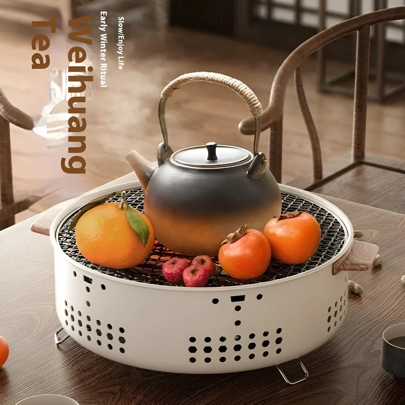 Modern portable charcoal stove with grill rack for indoor tea brewing and grilling