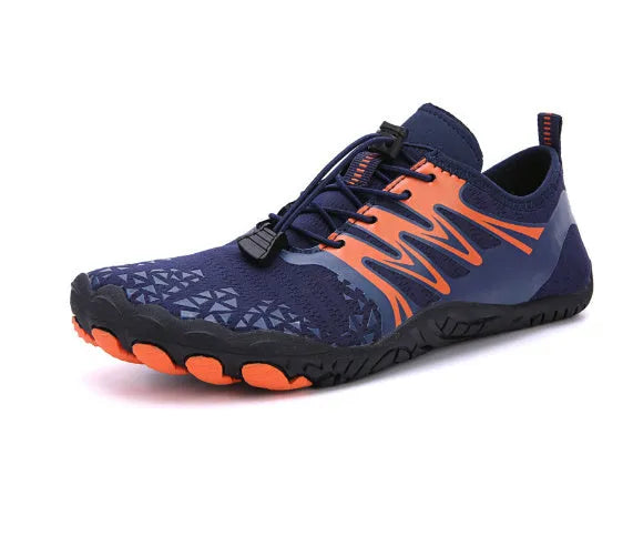 Men's white and coloured lace-up casual sports sneakers with a rubber sole on a plain background.