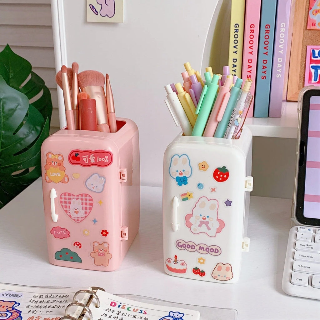 White refrigerator-shaped PP plastic pencil case with large capacity on a desk, size 10.7x9.8x7.5cm