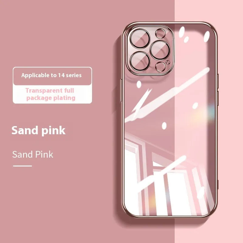 Electroplated TPU phone case for iPhone 16 Pro in desert gold colour, showing front and back views.