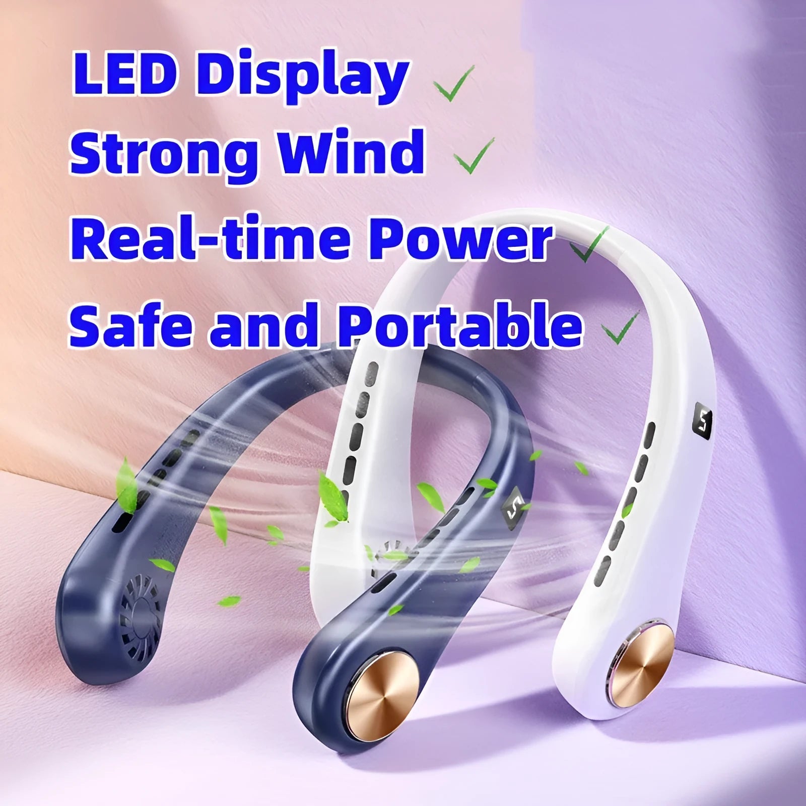 White bladeless neck fan hanging around a person's neck showing hands-free cooling design