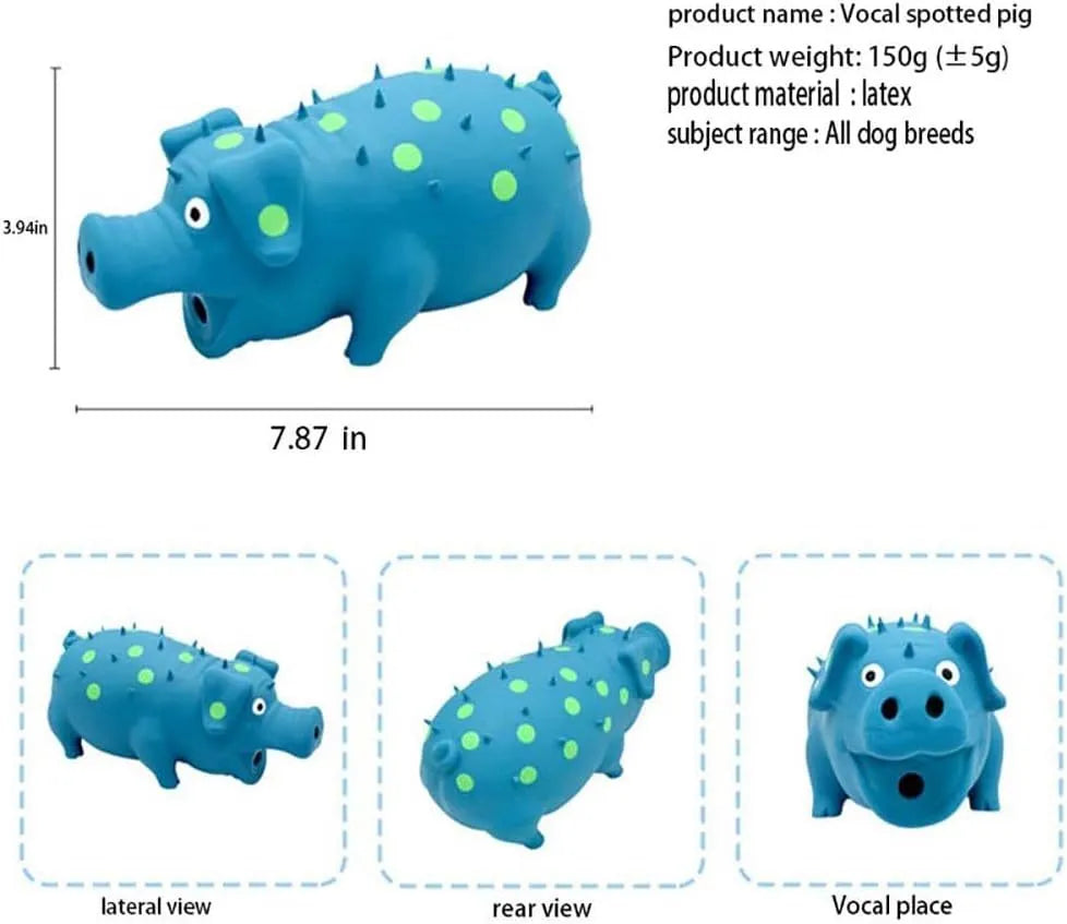 Blue latex pig-shaped dog chew toy with textured surface and squeaker on a wooden floor.