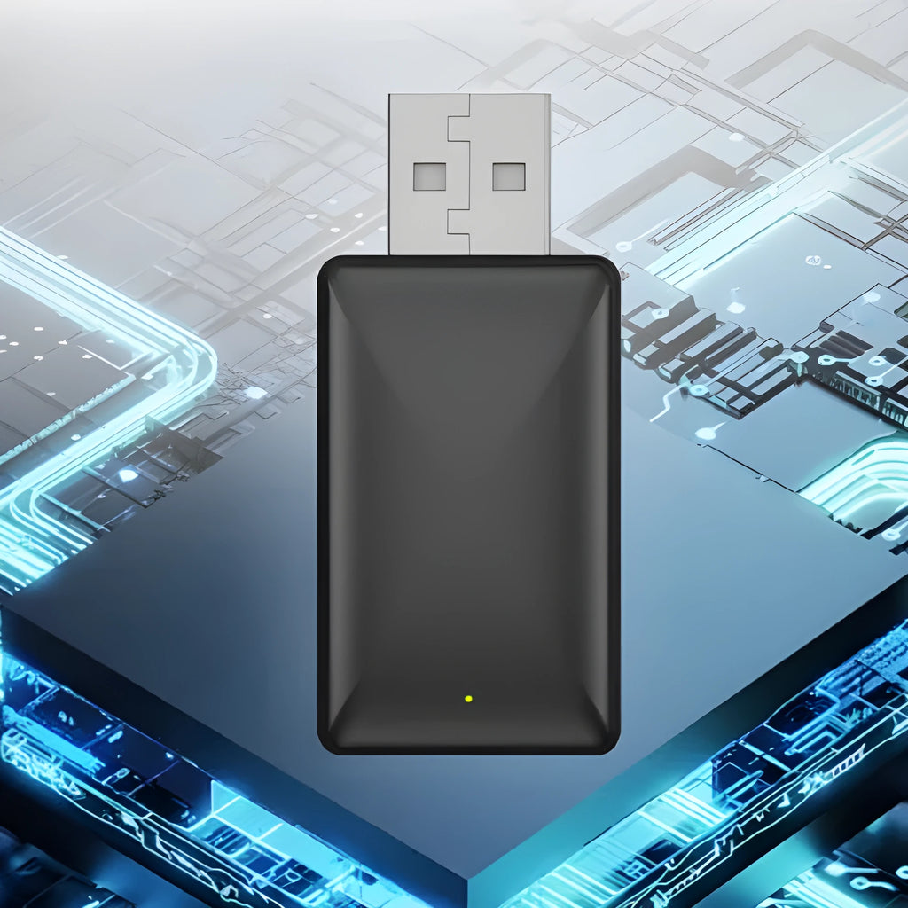 Black 2-in-1 wireless car adapter with USB port for Android phones.