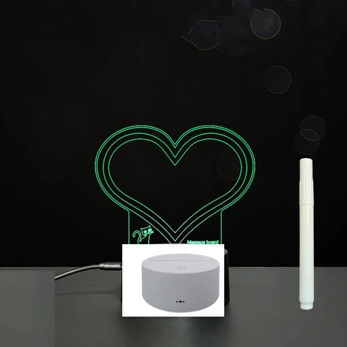 3D acrylic LED message board with touch control, black ABS base, USB cable, and stylus pen on desk